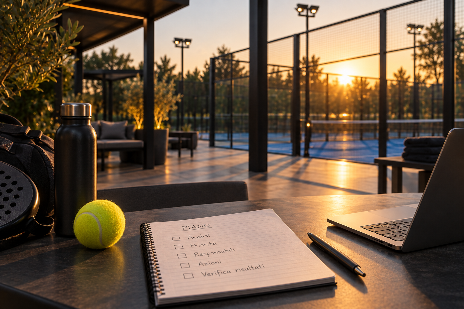 Campo da padel con racchetta e palline accanto a una lavagna con parole legate alla gestione del club