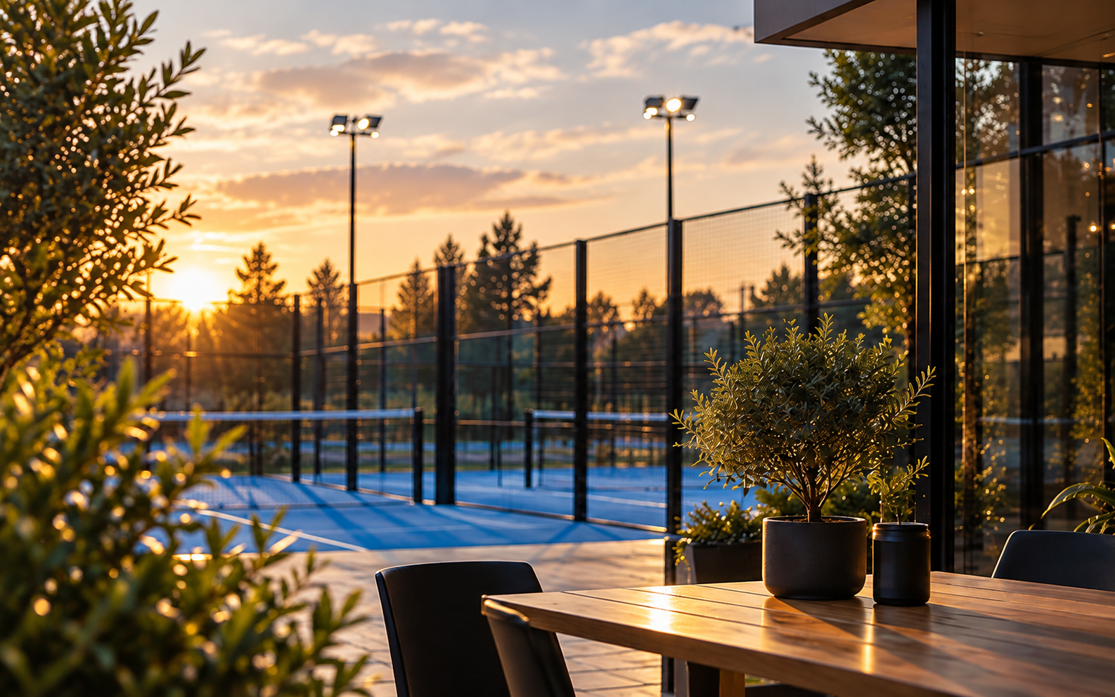 Club di padel al tramonto con campi e area lounge con tavolino