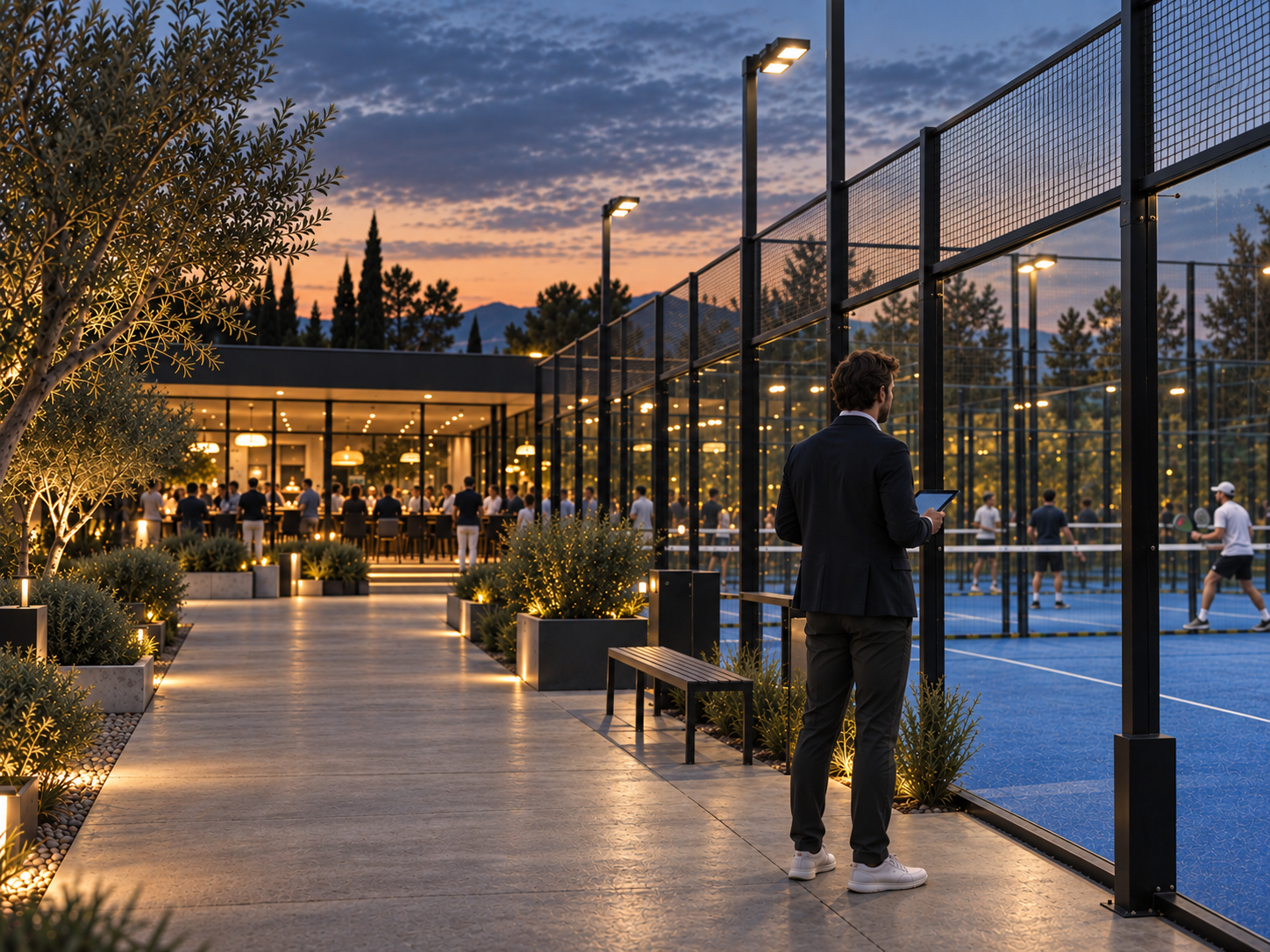 Club di padel con campi e struttura al tramonto