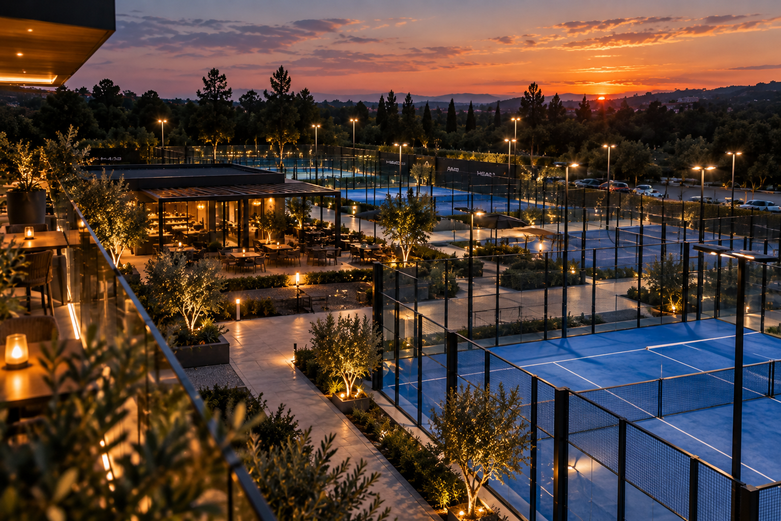 Vista panoramica di un padel club illuminato al tramonto