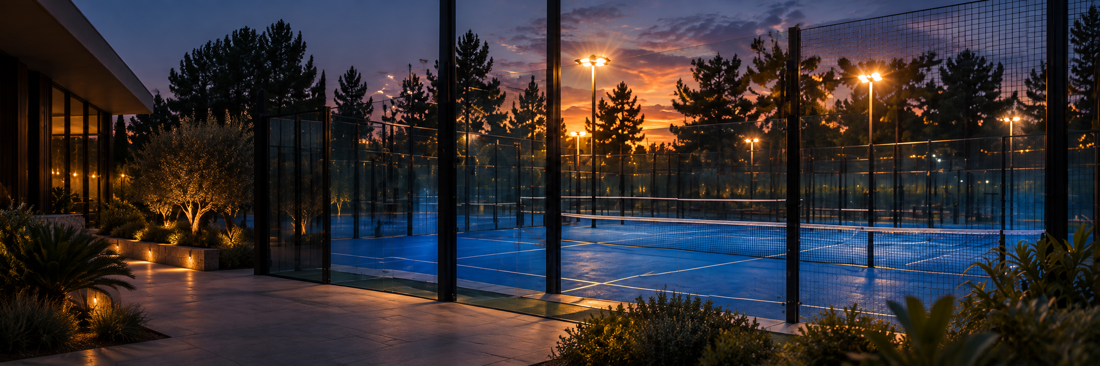 Campi da padel illuminati al tramonto
