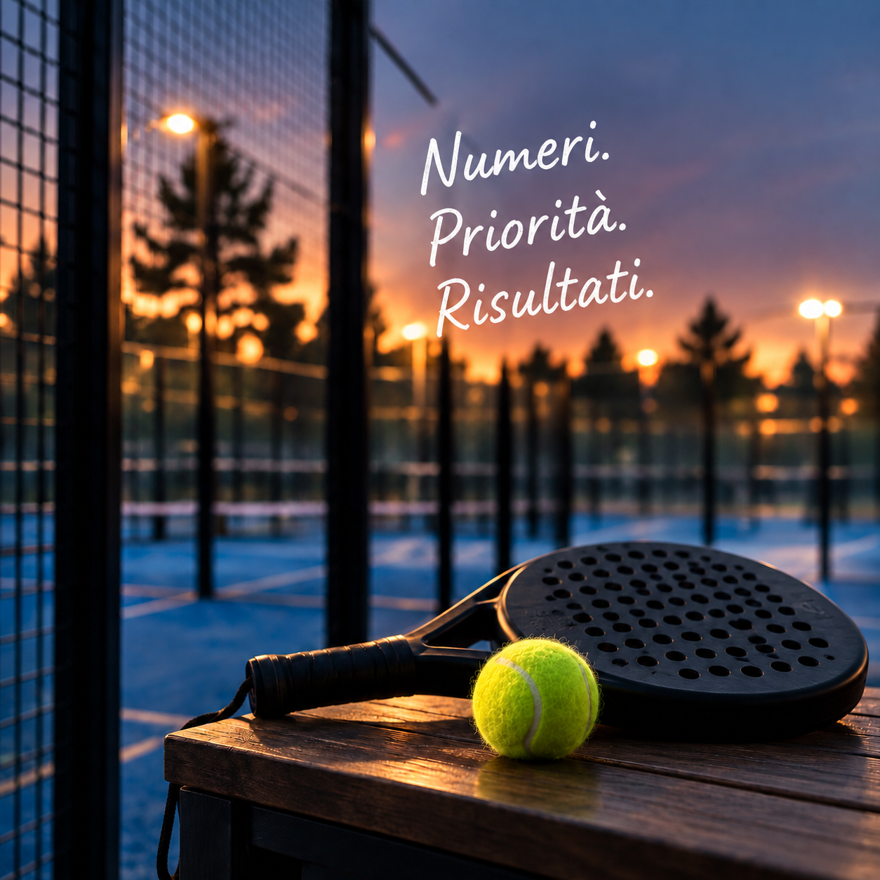 Racchetta e pallina da padel sulla panca accanto ai campi
