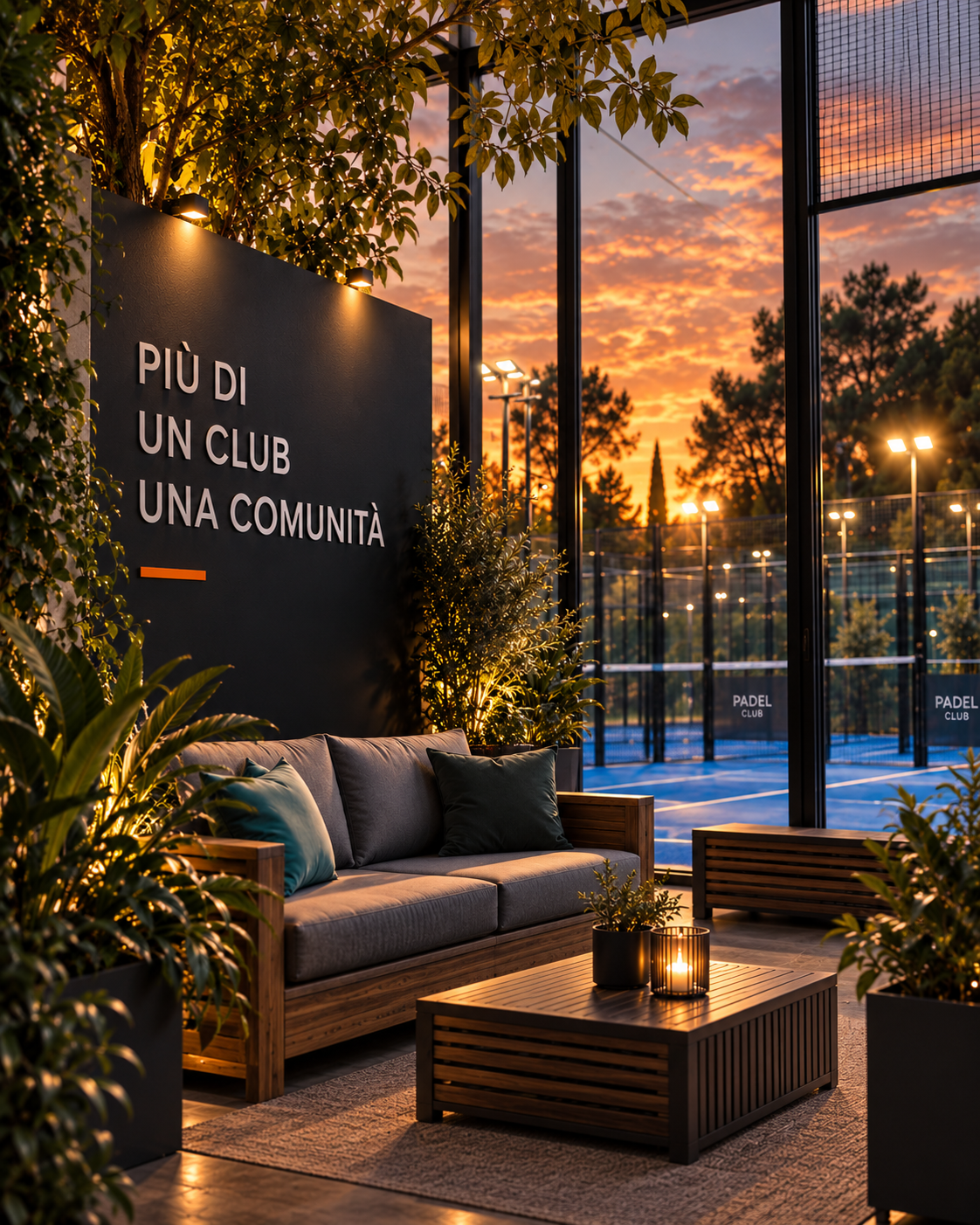 Area lounge di un club di padel affacciata sui campi al tramonto