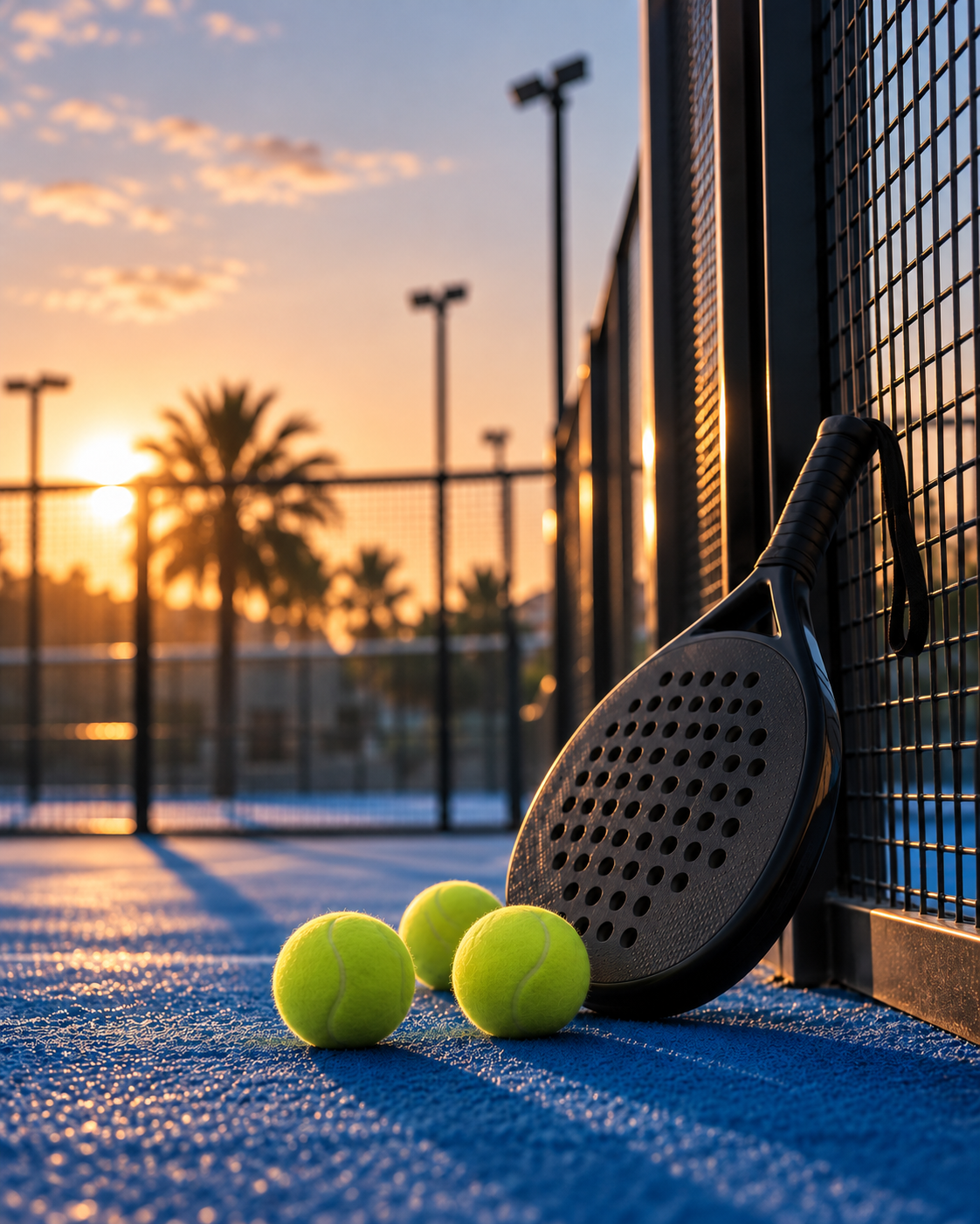 Campo da padel al tramonto con racchetta e palline