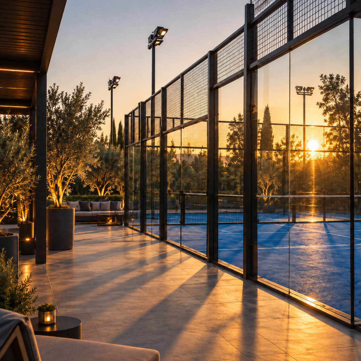 Club di padel al tramonto con campi e struttura esterna
