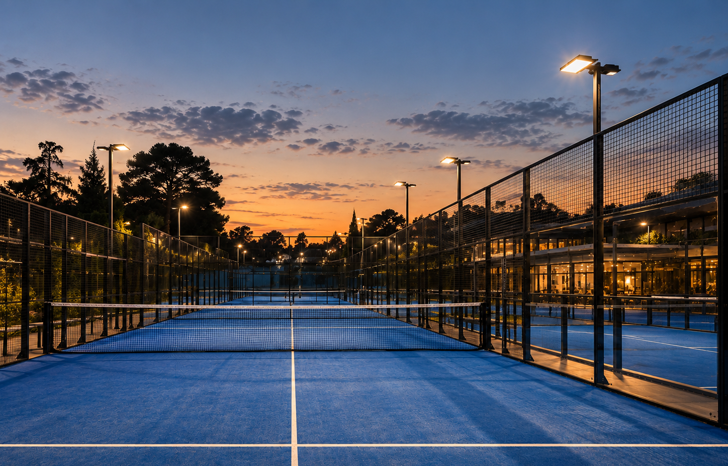 Campo da padel con racchetta e palline al tramonto